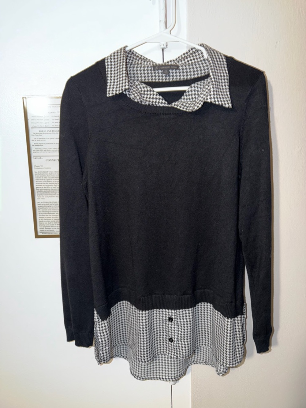 Adrianna Papell Black Sweater with Black-and-White Houndstooth Collar & Hem